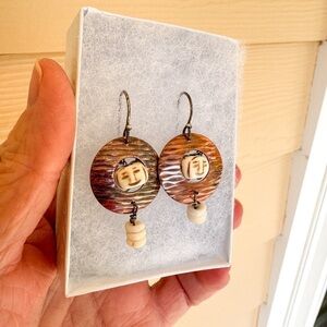 Handmade Copper Happy Face Earrings Sterling Silver Hooks Puka Shell Boho